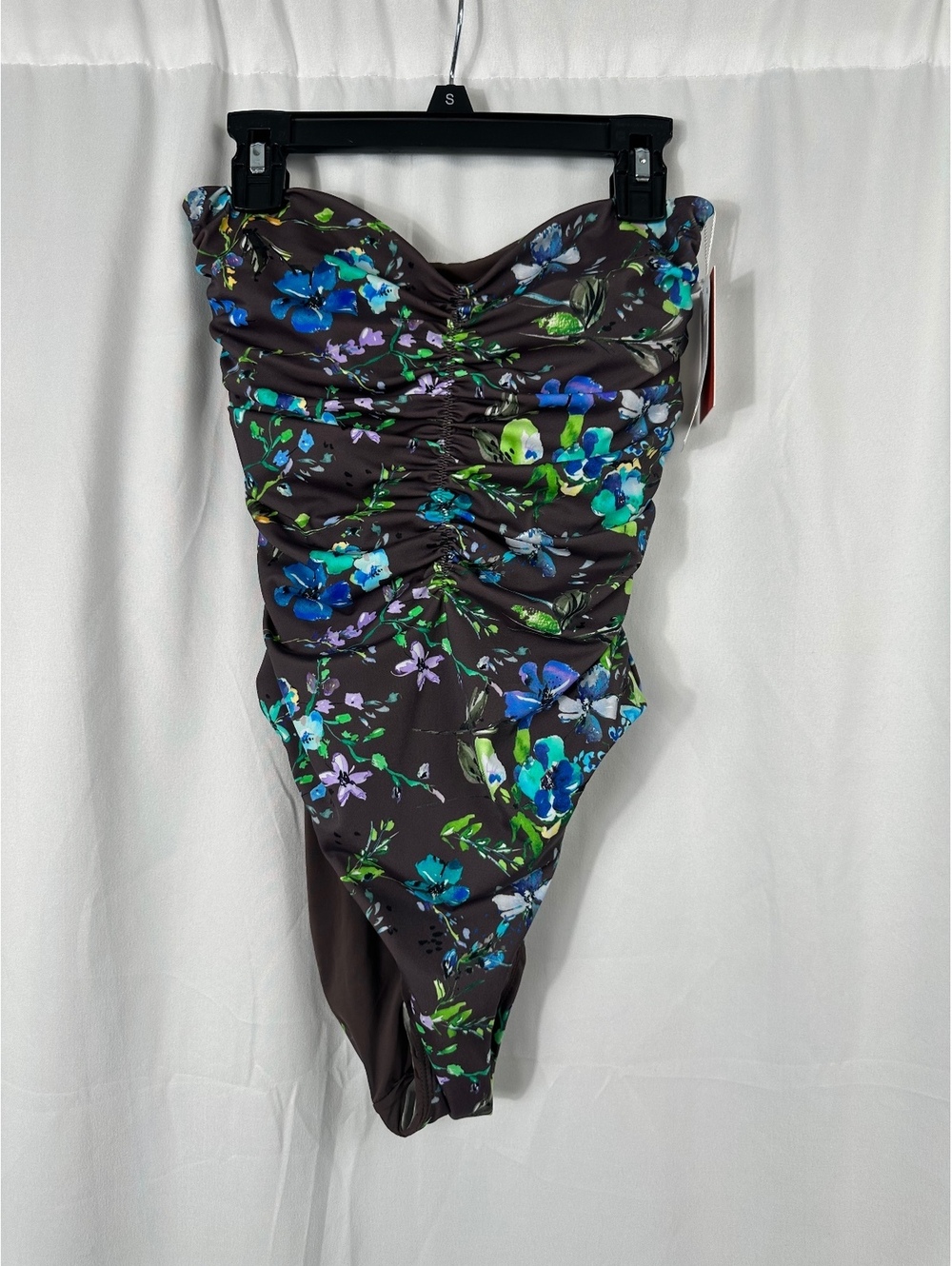 Andie Floral Ruched One-Piece Swimsuit - Black with Blue & Green Flowers